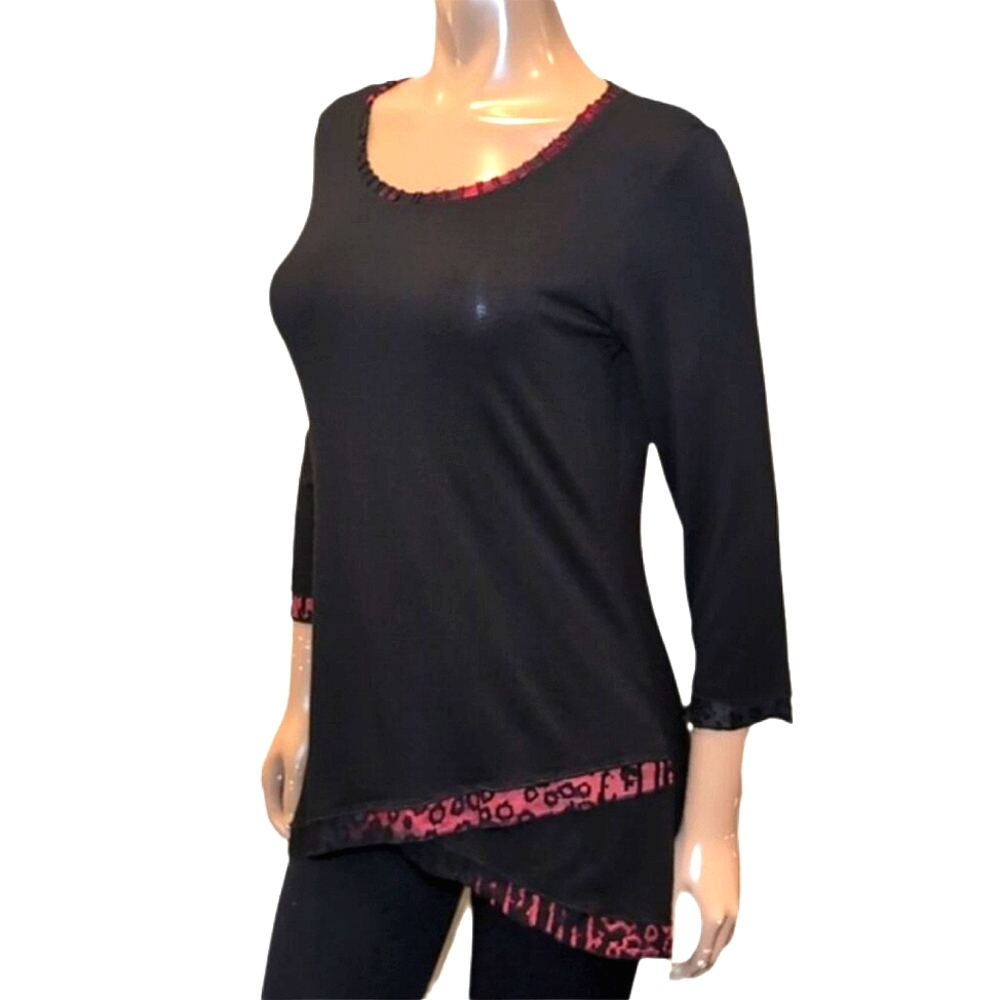 Peter Nygård Tunic Top 3/4 Sleeve Faux Layer Wrap Hem Scoop Neck